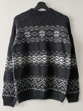 NWT Celtic & Co. Fair Isle Stripe Funnel Neck Sweater Colour Charcoal